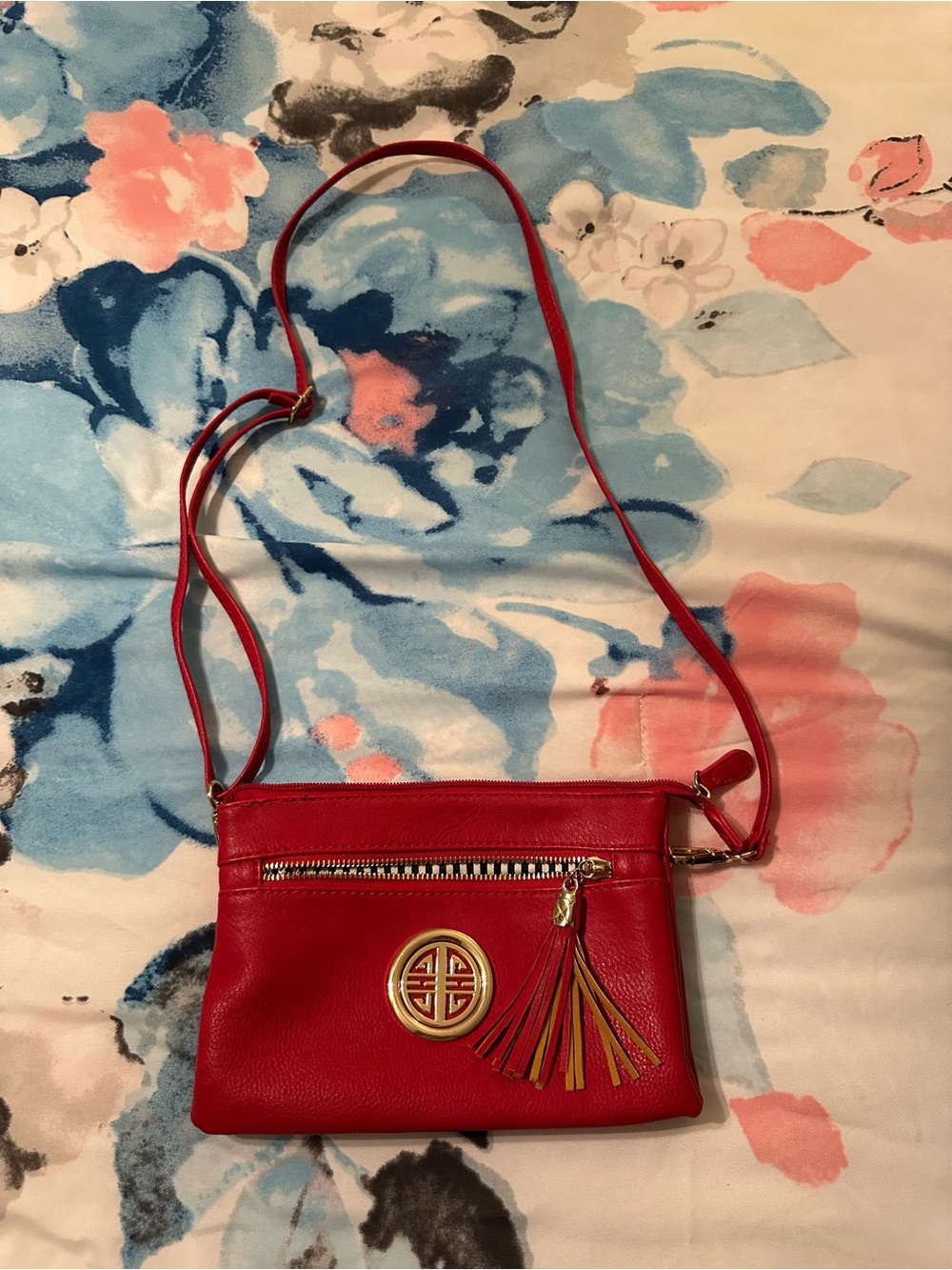 mundi Red Leather Crossbody Shoulder Bag with Tassel